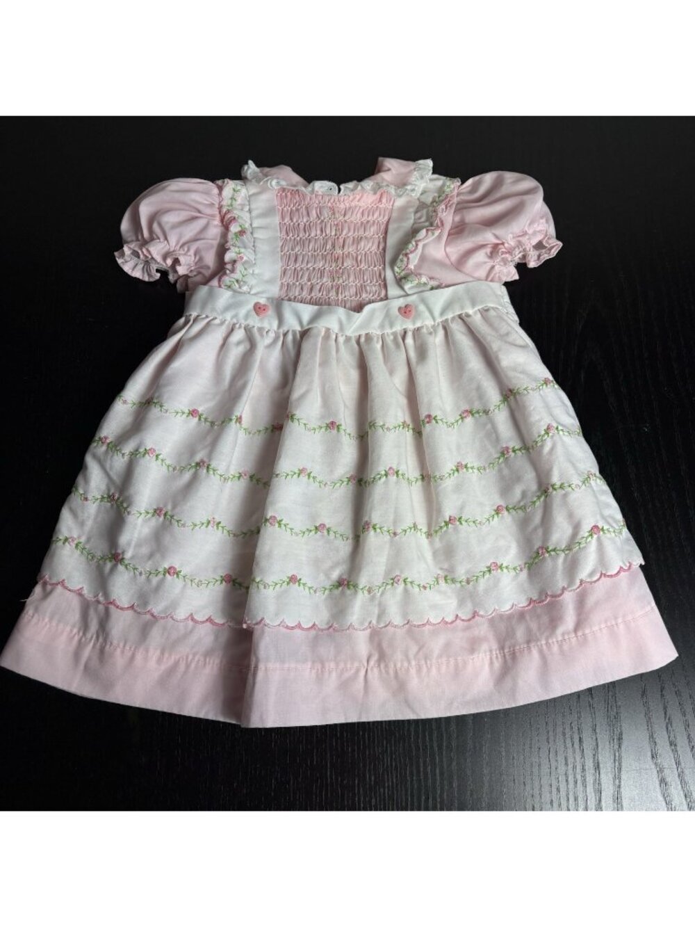 Vintage 80s POLLY FLINDERS Baby Girl 18M Smocked Apron Dress Pink/White READ